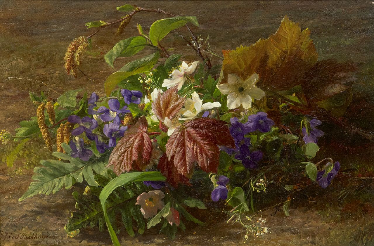 Sande Bakhuyzen G.J. van de | 'Gerardine' Jacoba van de Sande Bakhuyzen, Herfstboeket met wilde viooltjes op de bosgrond, olieverf op paneel 24,8 x 36,6 cm, gesigneerd linksonder