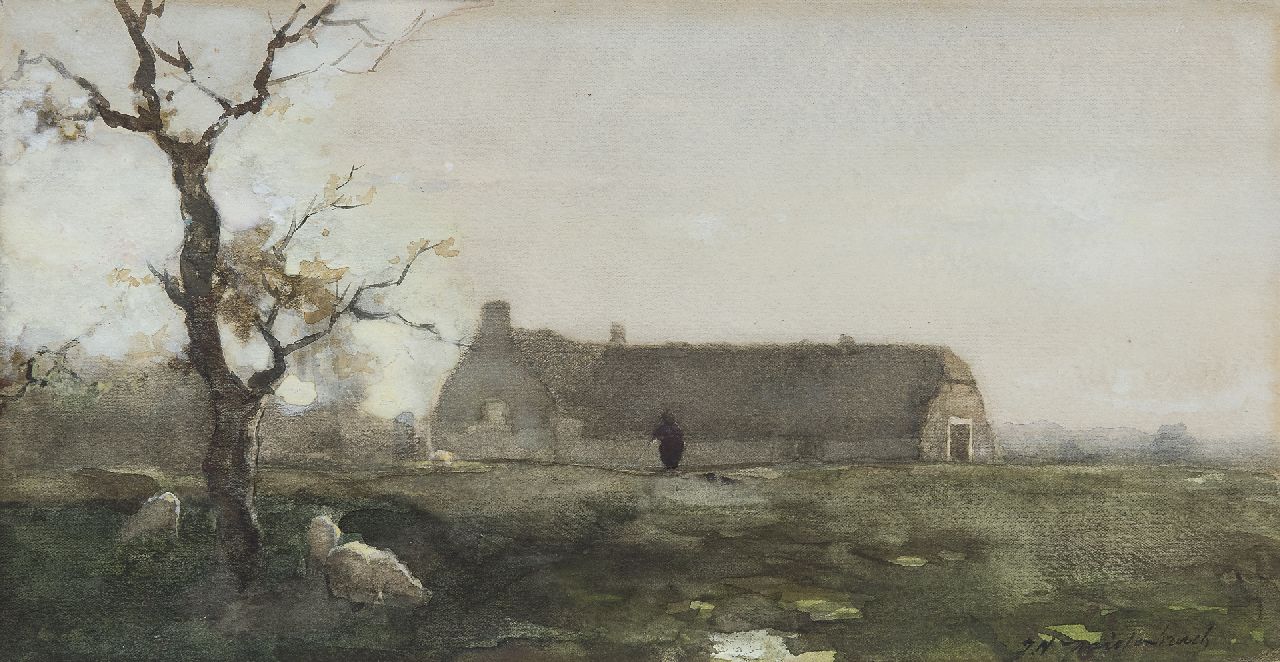 Weissenbruch H.J.  | Hendrik Johannes 'J.H.' Weissenbruch, Boerderij Hanenburg in de Westduinen te Den Haag, krijt, aquarel en gouache op papier 18,9 x 36,2 cm, gesigneerd rechtsonder