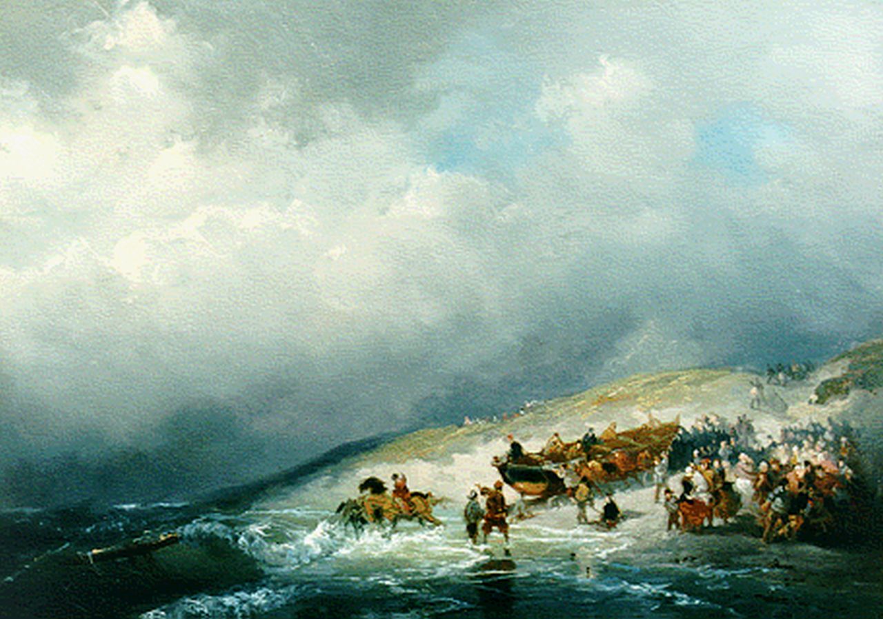 Breuhaus de Groot F.A. | Frans Arnold Breuhaus de Groot, Paarden trekken de reddingsboot in het water, papier op doek 36,0 x 51,0 cm Breuhaus de Groot F.A. | Frans Arnold Breuhaus de Groot, Paarden trekken de reddingsboot in het water, papier op doek 36,0 x 51,0 cm