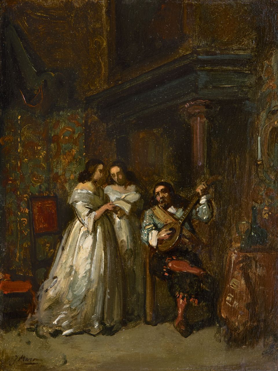 Maris J.H. | Jacobus Hendricus 'Jacob' Maris | Schilderijen te koop aangeboden | Romance, olieverf op papier op paneel 30,3 x 23,1 cm, gesigneerd linksonder en te dateren ca. 1854-1855 Maris J.H. | Jacobus Hendricus 'Jacob' Maris | Schilderijen te koop aangeboden | Romance, olieverf op papier op paneel 30,3 x 23,1 cm, gesigneerd linksonder en te dateren ca. 1854-1855