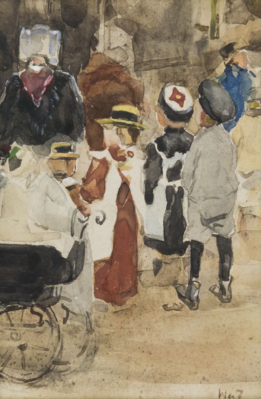 Zwart W.H.P.J. de | Wilhelmus Hendrikus Petrus Johannes 'Willem' de Zwart | Aquarellen en tekeningen te koop aangeboden | Juf met kinderen en kinderwagen, aquarel op papier 19,1 x 12,8 cm, gesigneerd rechtsonder met initialen en te dateren 1931 Zwart W.H.P.J. de | Wilhelmus Hendrikus Petrus Johannes 'Willem' de Zwart | Aquarellen en tekeningen te koop aangeboden | Juf met kinderen en kinderwagen, aquarel op papier 19,1 x 12,8 cm, gesigneerd rechtsonder met initialen en te dateren 1931