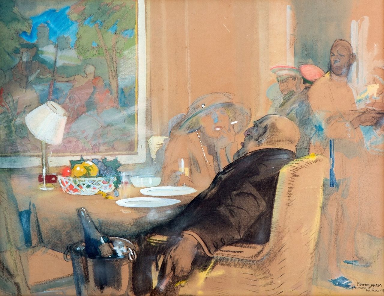 Hem P. van der | Pieter 'Piet' van der Hem, Het souper, krijt en aquarel op papier 47,9 x 61,9 cm, gesigneerd rechtsonder en gedateerd '12 Hem P. van der | Pieter 'Piet' van der Hem, Het souper, krijt en aquarel op papier 47,9 x 61,9 cm, gesigneerd rechtsonder en gedateerd '12