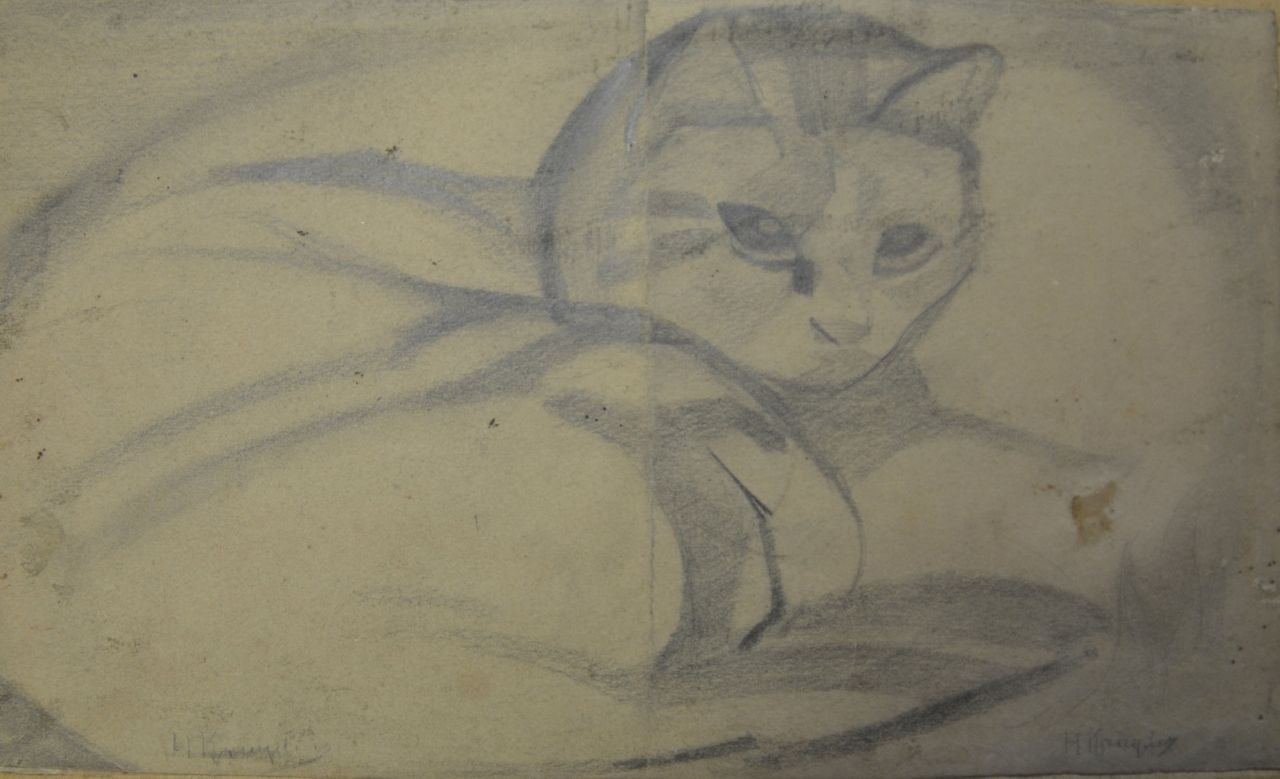 Kruyder H.J. | 'Herman' Justus Kruyder, Kat, potlood op papier 14,9 x 25,0 cm, gesigneerd linksonder en rechtsonder Kruyder H.J. | 'Herman' Justus Kruyder, Kat, potlood op papier 14,9 x 25,0 cm, gesigneerd linksonder en rechtsonder