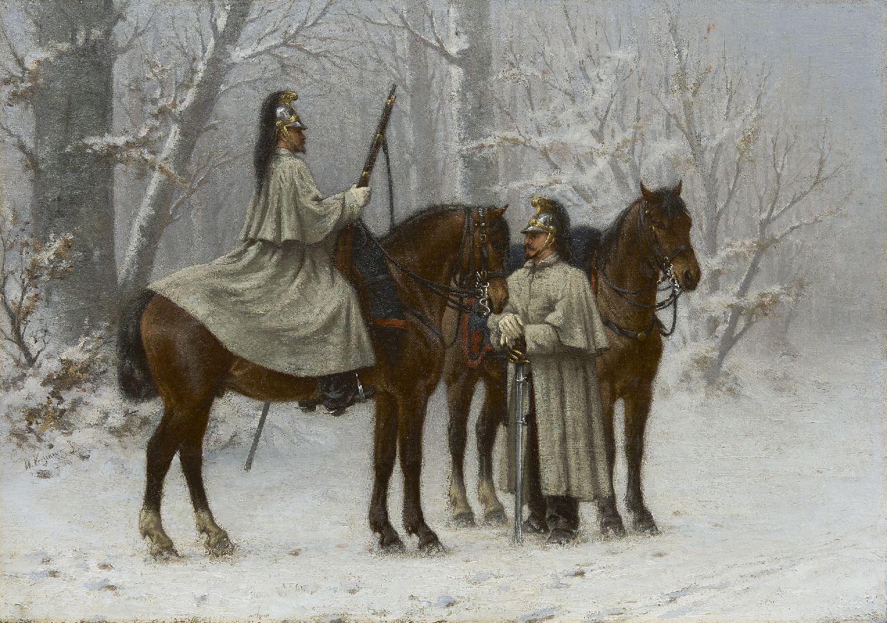 Verschuur jr. W. | Wouter Verschuur jr., Cavaleristen in winters boslandschap, olieverf op doek 41,5 x 58,3 cm, gesigneerd links van het midden Verschuur jr. W. | Wouter Verschuur jr., Cavaleristen in winters boslandschap, olieverf op doek 41,5 x 58,3 cm, gesigneerd links van het midden
