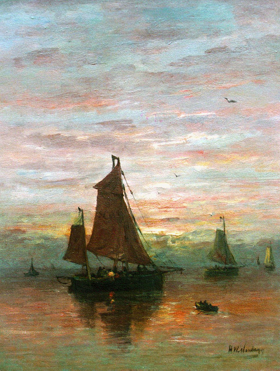 Mesdag H.W. | Hendrik Willem Mesdag, Schepen voor de kust met roeiboot, olieverf op doek 51,7 x 40,1 cm, gesigneerd rechtsonder Mesdag H.W. | Hendrik Willem Mesdag, Schepen voor de kust met roeiboot, olieverf op doek 51,7 x 40,1 cm, gesigneerd rechtsonder