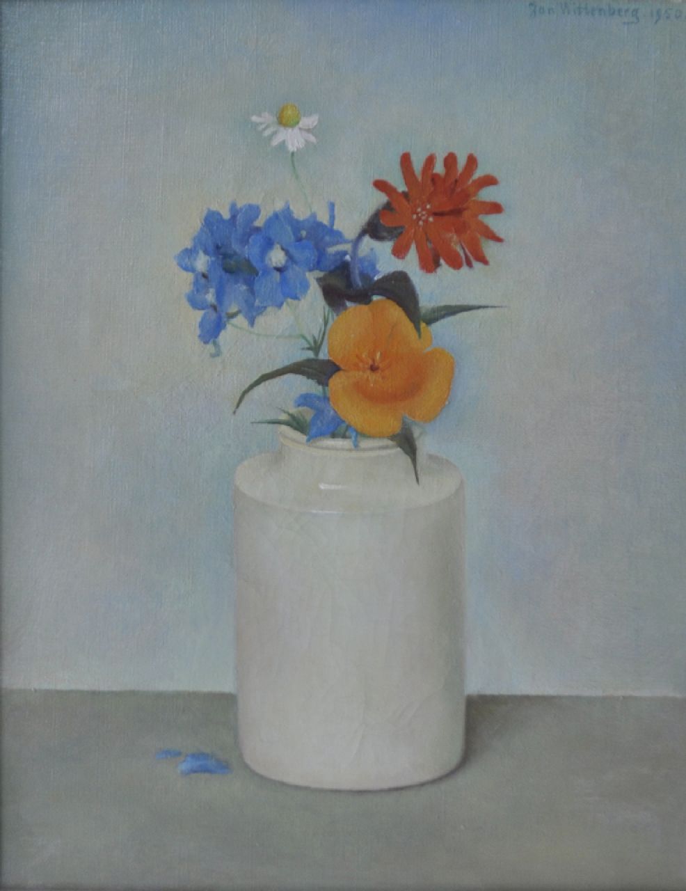 Wittenberg J.H.W. | 'Jan' Hendrik Willem Wittenberg, Bloemen in wit vaasje, olieverf op doek 30,2 x 24,3 cm, gesigneerd rechtsboven en met stempel op spieraam en gedateerd 1950 Wittenberg J.H.W. | 'Jan' Hendrik Willem Wittenberg, Bloemen in wit vaasje, olieverf op doek 30,2 x 24,3 cm, gesigneerd rechtsboven en met stempel op spieraam en gedateerd 1950