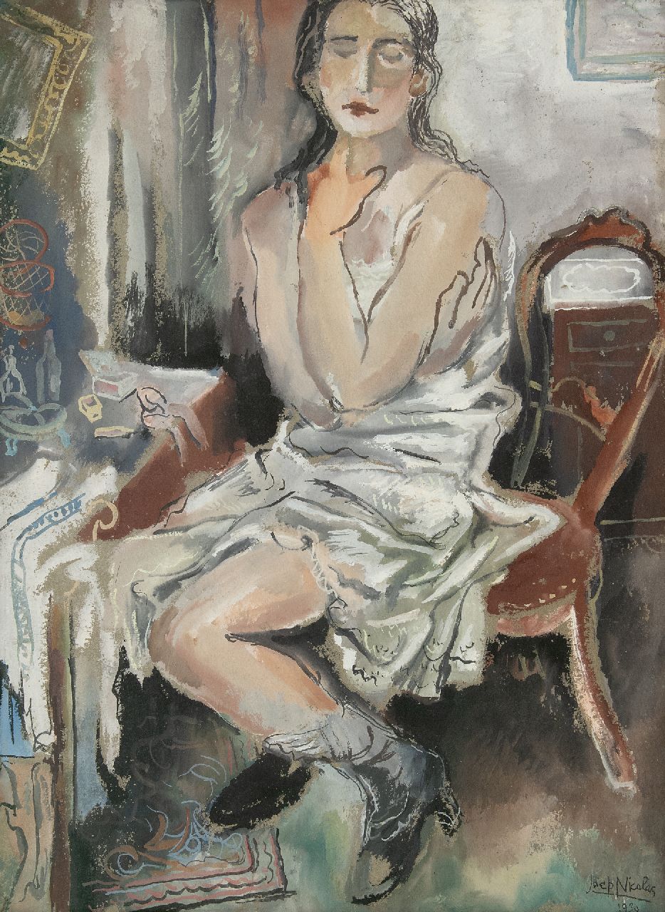 Nicolas J.A.H.F. | Josephus Antonius Hubertus Franciscus 'Joep' Nicolas, Zittende vrouw, gouache op papier op board 77,5 x 57,3 cm, gesigneerd rechtsonder en gedateerd 1930 Nicolas J.A.H.F. | Josephus Antonius Hubertus Franciscus 'Joep' Nicolas, Zittende vrouw, gouache op papier op board 77,5 x 57,3 cm, gesigneerd rechtsonder en gedateerd 1930