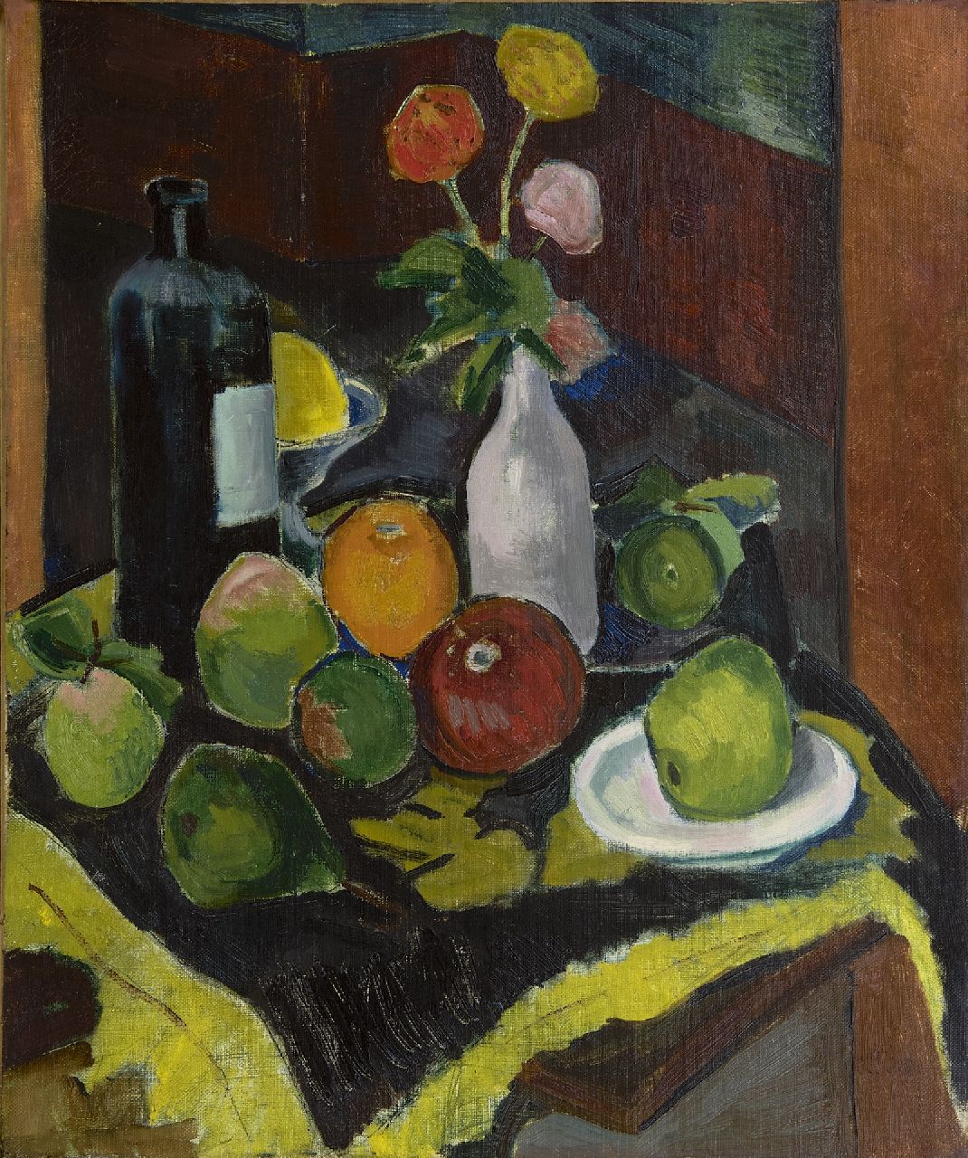 Schelfhout L. | Lodewijk Schelfhout, Stilleven met fruit, bloemen en fles, olieverf op doek 55,5 x 46,0 cm, gesigneerd rechtsonder en gedateerd 1908 Schelfhout L. | Lodewijk Schelfhout, Stilleven met fruit, bloemen en fles, olieverf op doek 55,5 x 46,0 cm, gesigneerd rechtsonder en gedateerd 1908