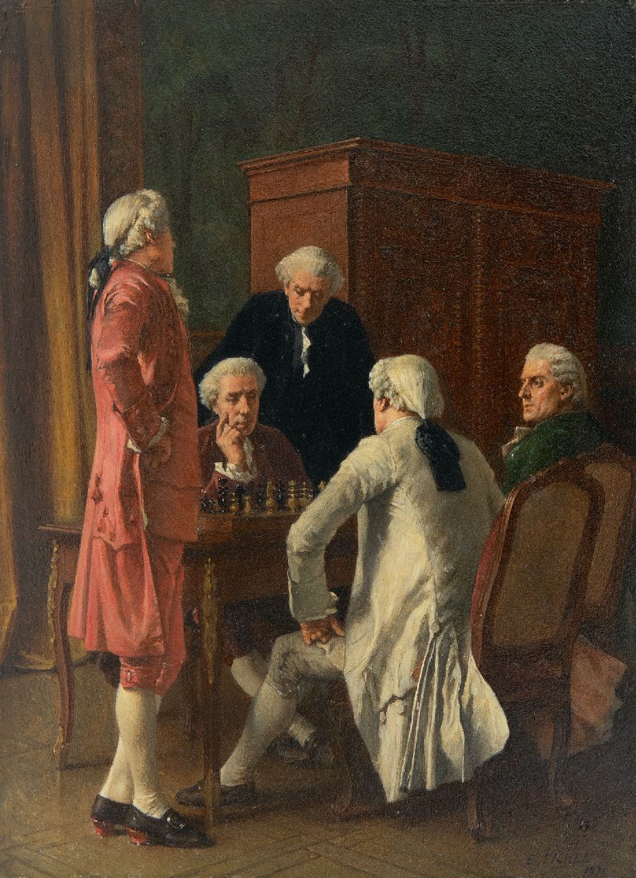 Eugène Fichel | De schaakspelers, olieverf op paneel, 21,8 x 16,0 cm, gesigneerd r.o. en gedateerd 1870