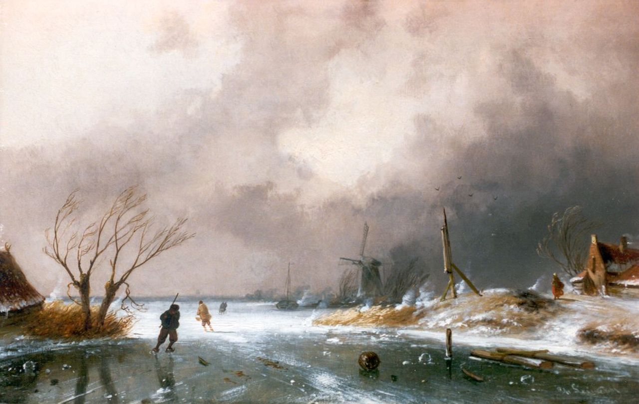Leickert C.H.J. | 'Charles' Henri Joseph Leickert, Winterlandschap met schaatsers op een rivier, olieverf op paneel 22,7 x 36,3 cm, gesigneerd rechtsonder Leickert C.H.J. | 'Charles' Henri Joseph Leickert, Winterlandschap met schaatsers op een rivier, olieverf op paneel 22,7 x 36,3 cm, gesigneerd rechtsonder