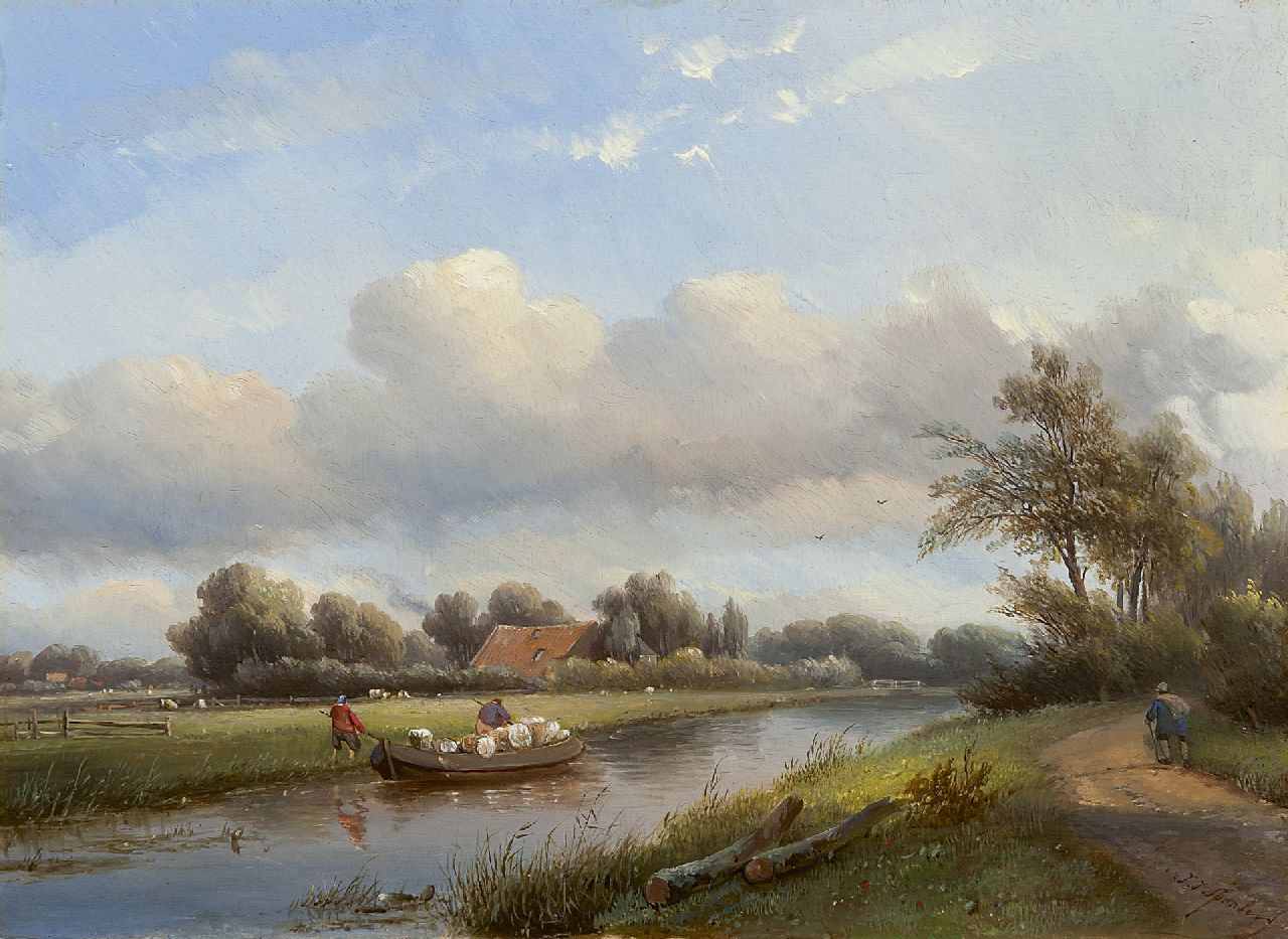 Spohler J.J.  | Jan Jacob Spohler, Trekvaart met boerenschuit, olieverf op paneel 28,3 x 39,0 cm, gesigneerd rechtsonder