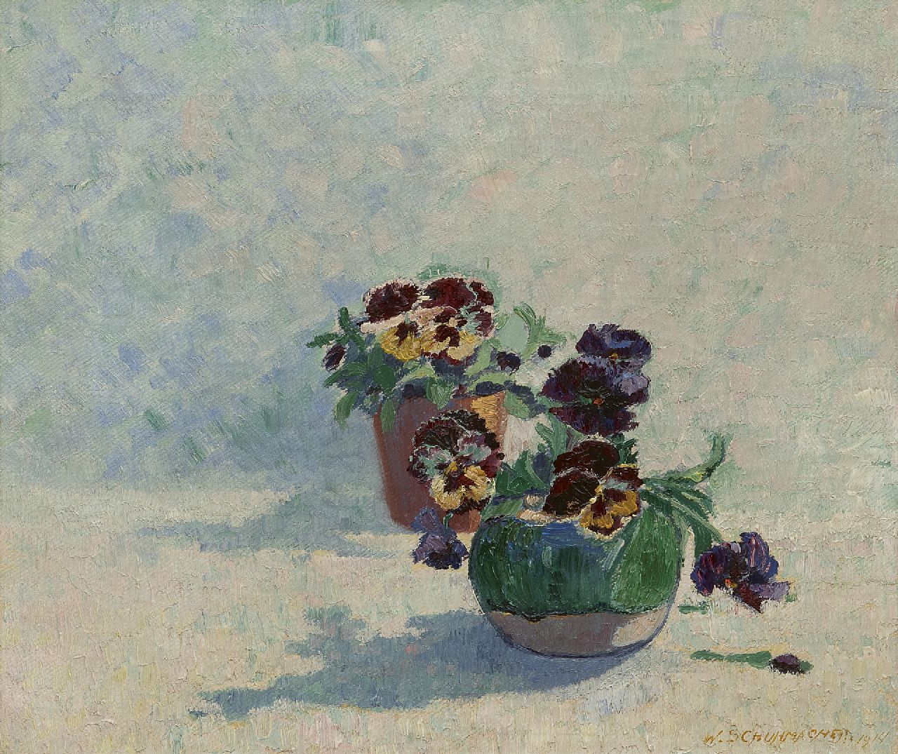 Schuhmacher W.G.C.  | Wijtze Gerrit Carel 'Wim' Schuhmacher | Schilderijen te koop aangeboden | Gemberpot met viooltjes, olieverf op doek 34,5 x 40,3 cm, gesigneerd rechtsonder en gedateerd 1914