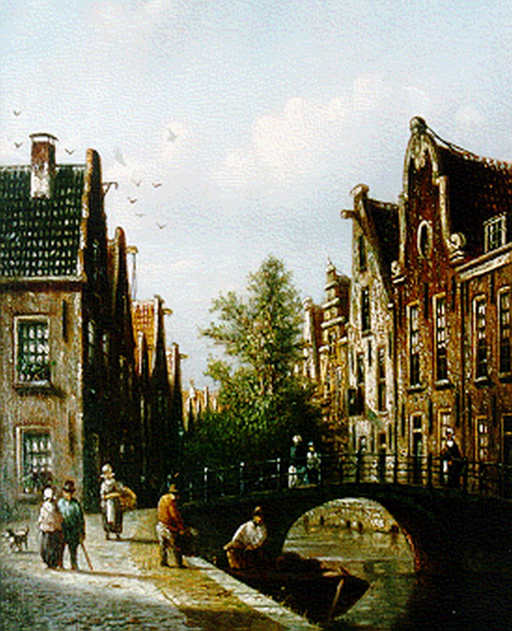 Spohler J.F. | Johannes Franciscus Spohler, Amsterdamse gracht, olieverf op paneel 20,5 x 16,0 cm, gesigneerd linksonder Spohler J.F. | Johannes Franciscus Spohler, Amsterdamse gracht, olieverf op paneel 20,5 x 16,0 cm, gesigneerd linksonder