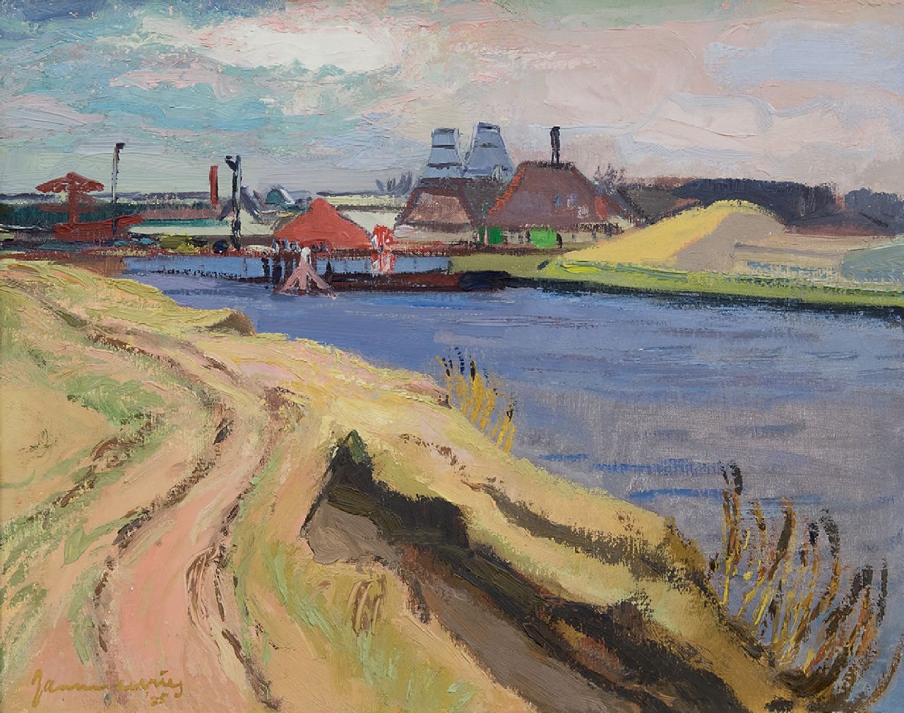 Vries J. de | Jannes de Vries, Kalkovens aan het Reitdiep, olieverf op doek 40,0 x 50,0 cm, gesigneerd linksonder en op spieraam en gedateerd '35 Vries J. de | Jannes de Vries, Kalkovens aan het Reitdiep, olieverf op doek 40,0 x 50,0 cm, gesigneerd linksonder en op spieraam en gedateerd '35