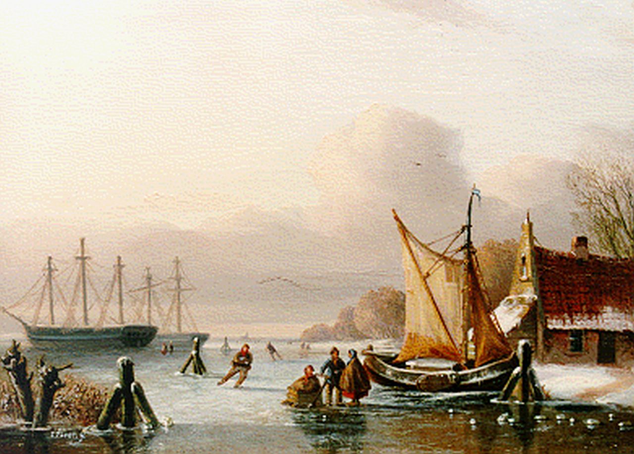 Meijier A.A. de | Anthony Andreas de Meijier, Schaatsende figuurtjes op een bevroren rivier, olieverf op paneel 23,8 x 31,3 cm