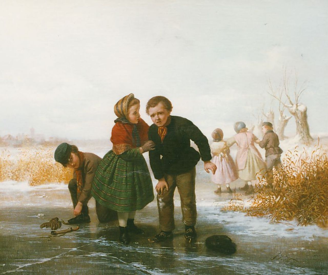 Vetten J. | Johannes Vetten, Troosten na de val, olieverf op doek 47,2 x 57,3 cm, gesigneerd linksonder en gedateerd 1864 Vetten J. | Johannes Vetten, Troosten na de val, olieverf op doek 47,2 x 57,3 cm, gesigneerd linksonder en gedateerd 1864