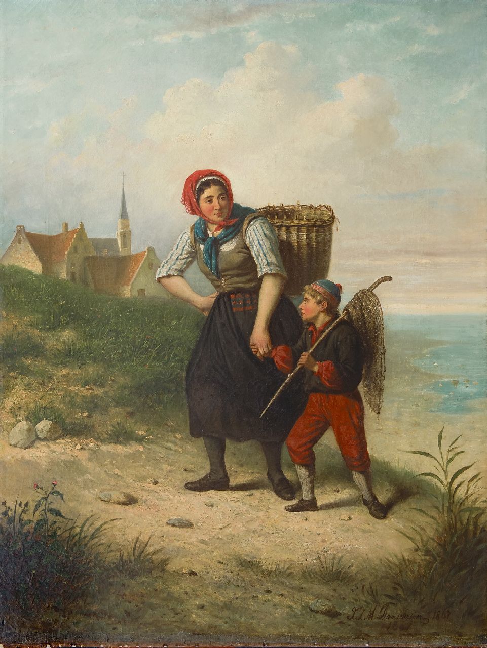Damschreuder J.J.M. | Jan Jacobus Matthijs Damschreuder, Vissersvrouw met kind in het duin, olieverf op doek 93,6 x 71,1 cm, gesigneerd rechtsonder en gedateerd 1867 Damschreuder J.J.M. | Jan Jacobus Matthijs Damschreuder, Vissersvrouw met kind in het duin, olieverf op doek 93,6 x 71,1 cm, gesigneerd rechtsonder en gedateerd 1867