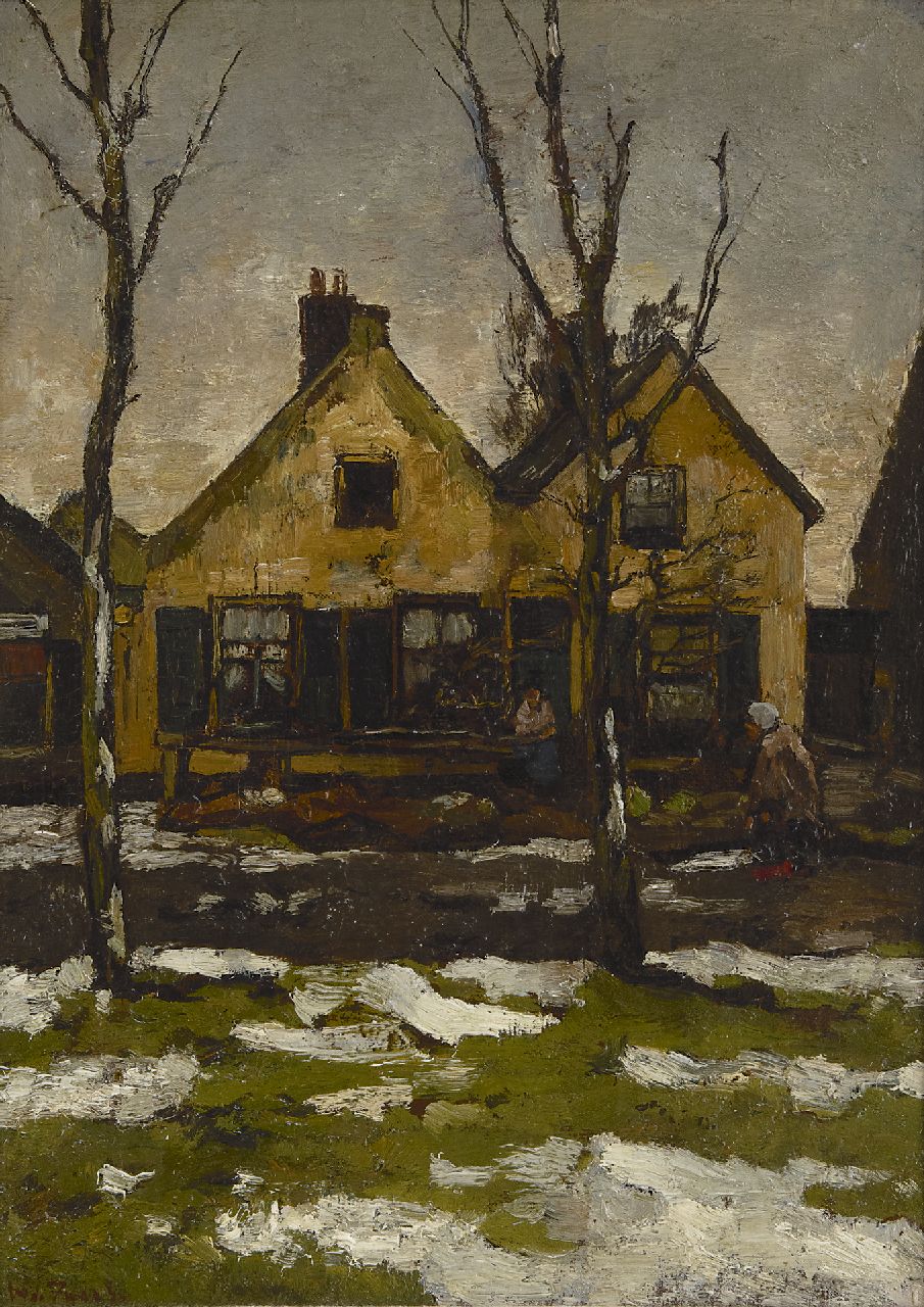 Zwart W.H.P.J. de | Wilhelmus Hendrikus Petrus Johannes 'Willem' de Zwart, Winters dorpsstraatje, olieverf op doek op paneel 41,0 x 29,5 cm, gesigneerd linksonder