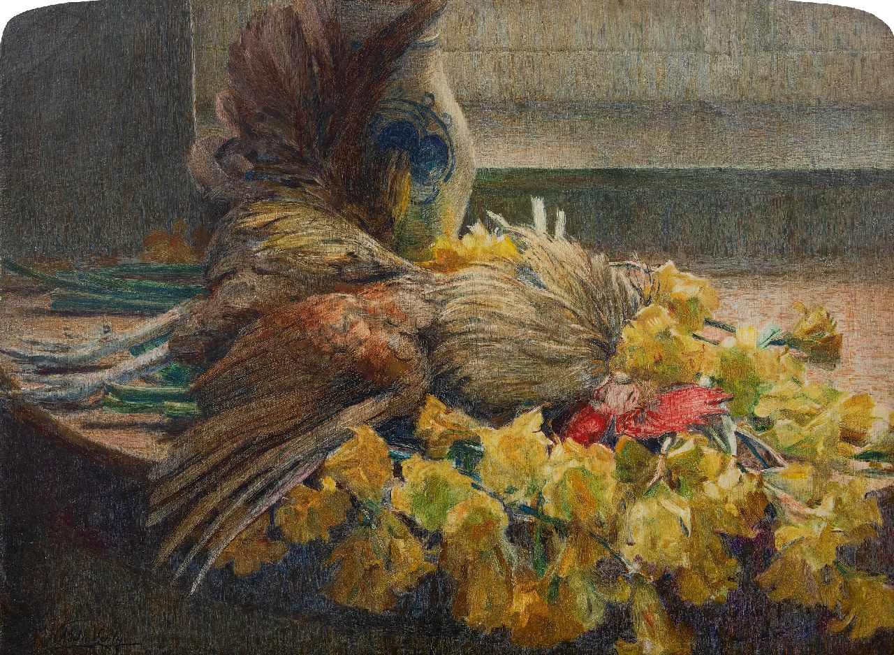 Verly A.  | Adelin Verly | Schilderijen te koop aangeboden | Stilleven van bloemen en pluimvee, olieverf op doek 54,8 x 73,7 cm, gesigneerd linksonder