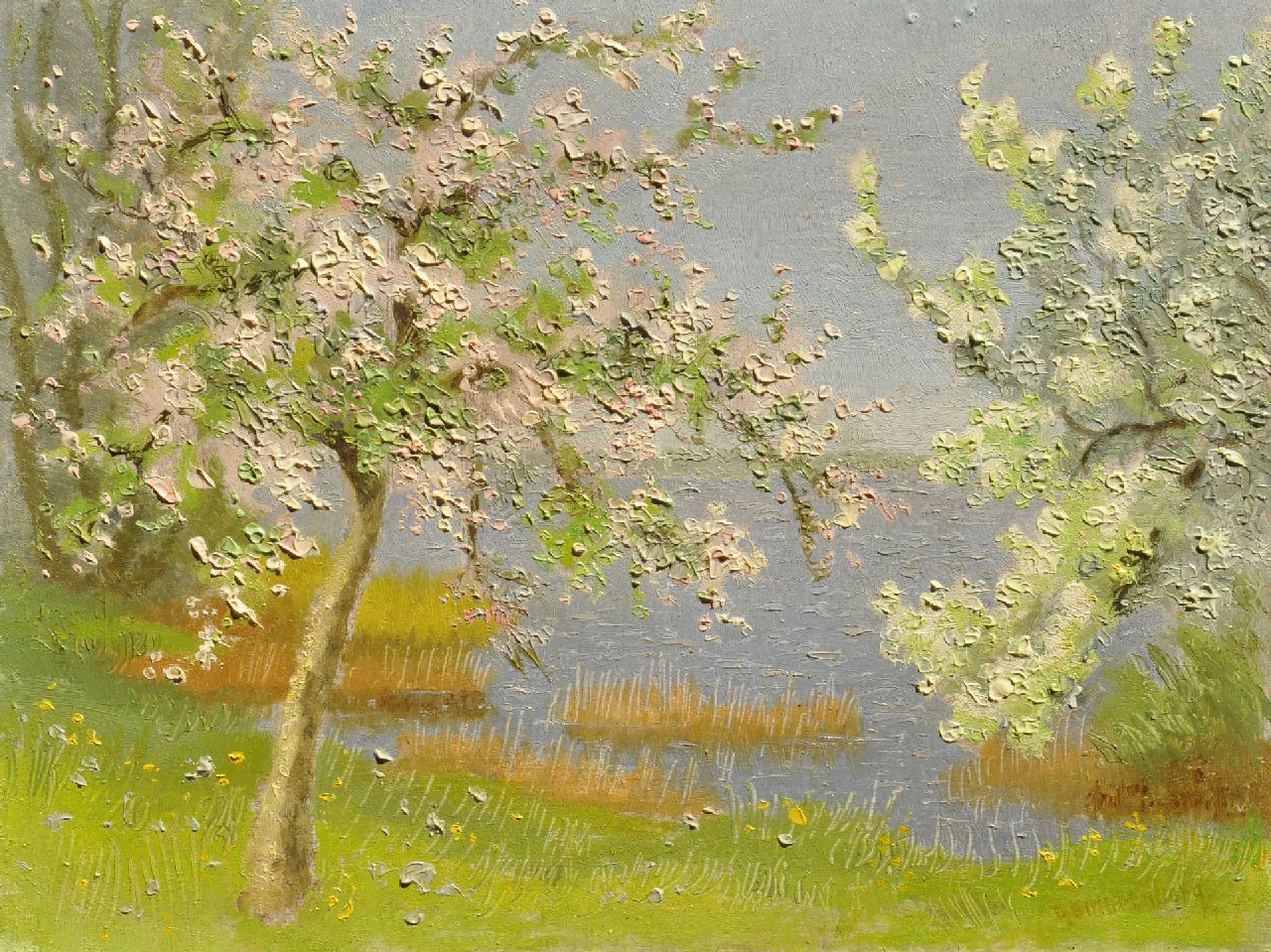 Smorenberg D.  | Dirk Smorenberg, Bloesembomen in de tuin van de schilder aan de Loenderveense Plas, olieverf op board 18,0 x 23,9 cm, gesigneerd rechtsonder