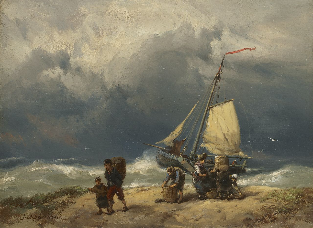 Koekkoek J.H.B. | Johannes Hermanus Barend 'Jan H.B.' Koekkoek | Schilderijen te koop aangeboden | Vissersvolk op het strand in een storm, olieverf op paneel 17,2 x 23,4 cm, gesigneerd linksonder Koekkoek J.H.B. | Johannes Hermanus Barend 'Jan H.B.' Koekkoek | Schilderijen te koop aangeboden | Vissersvolk op het strand in een storm, olieverf op paneel 17,2 x 23,4 cm, gesigneerd linksonder