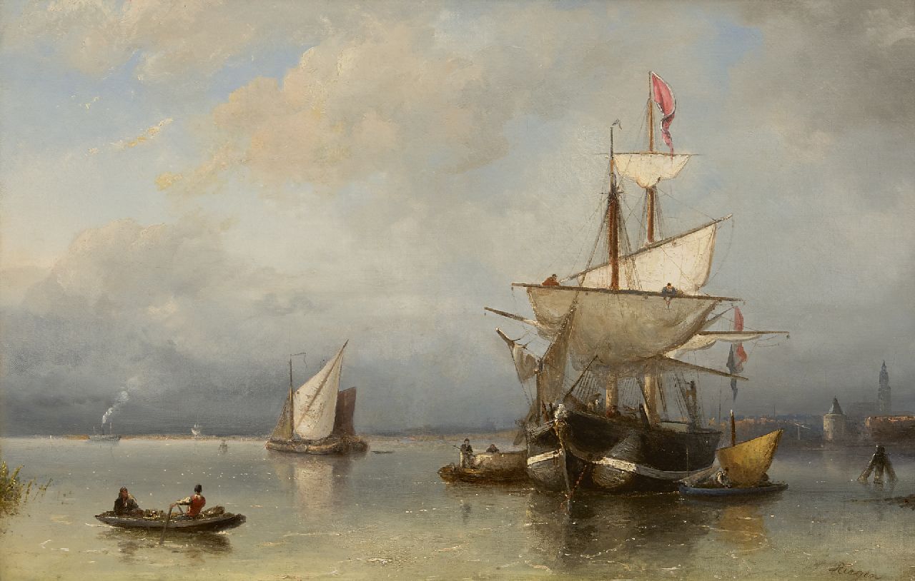 Riegen N.  | Nicolaas Riegen, Schepen voor anker op het IJ voor Amsterdam, olieverf op doek 44,5 x 67,3 cm, gesigneerd rechtsonder