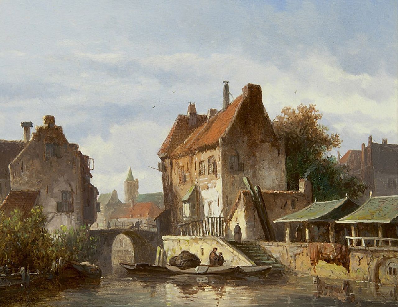 Eversen A. | Adrianus Eversen, Stadsgezicht met binnenwater, olieverf op paneel 15,0 x 19,1 cm, gesigneerd linksonder Eversen A. | Adrianus Eversen, Stadsgezicht met binnenwater, olieverf op paneel 15,0 x 19,1 cm, gesigneerd linksonder