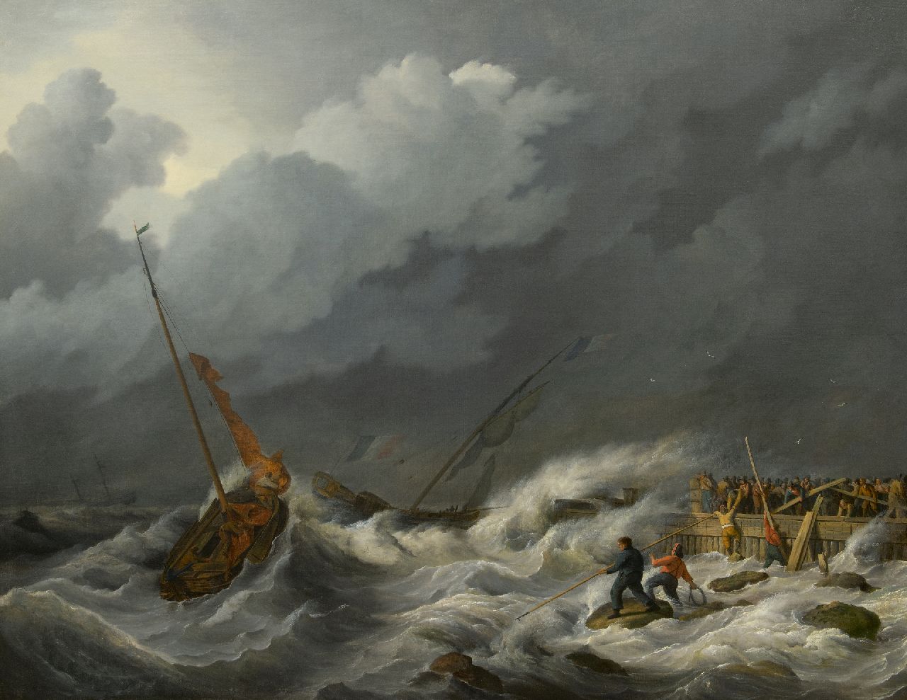 Baur N. | Nicolaas Baur, Zwaar weer bij het binnenlopen van de haven, olieverf op doek 97,2 x 123,3 cm, ca. 1810 Baur N. | Nicolaas Baur, Zwaar weer bij het binnenlopen van de haven, olieverf op doek 97,2 x 123,3 cm, ca. 1810