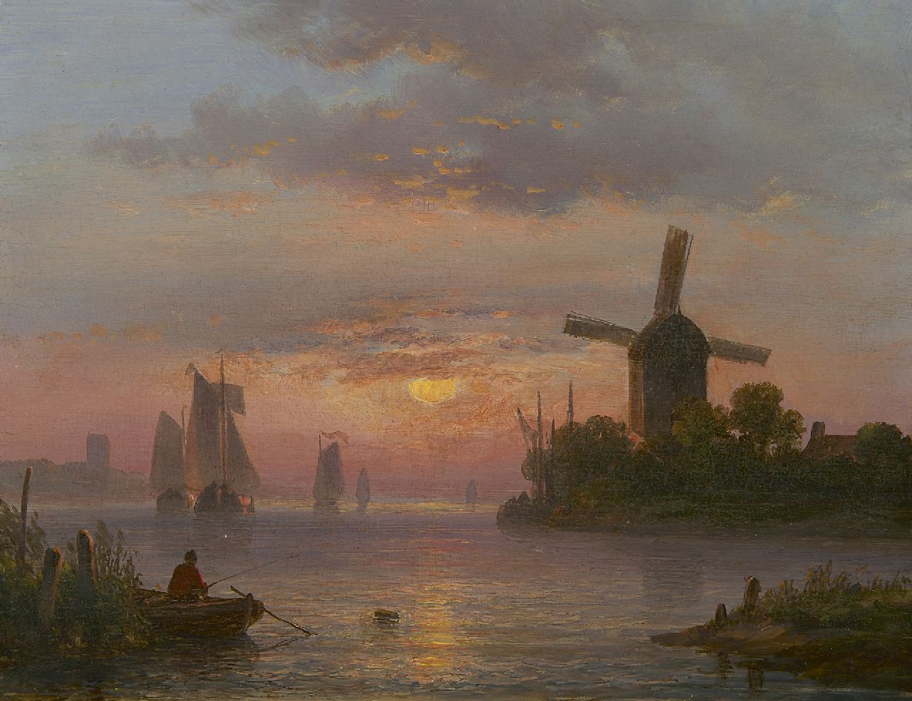 Kleijn L.J. | Lodewijk Johannes Kleijn, Hollands riviergezicht bij zonsondergang, olieverf op paneel 21,2 x 27,4 cm Kleijn L.J. | Lodewijk Johannes Kleijn, Hollands riviergezicht bij zonsondergang, olieverf op paneel 21,2 x 27,4 cm