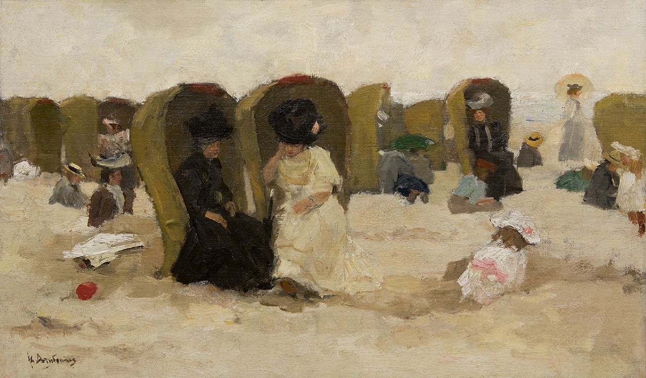 Arntzenius P.F.N.J.  | Pieter Florentius Nicolaas Jacobus 'Floris' Arntzenius, Badgasten op het Scheveningse strand, olieverf op doek op paneel 31,6 x 51,5 cm, gesigneerd linksonder