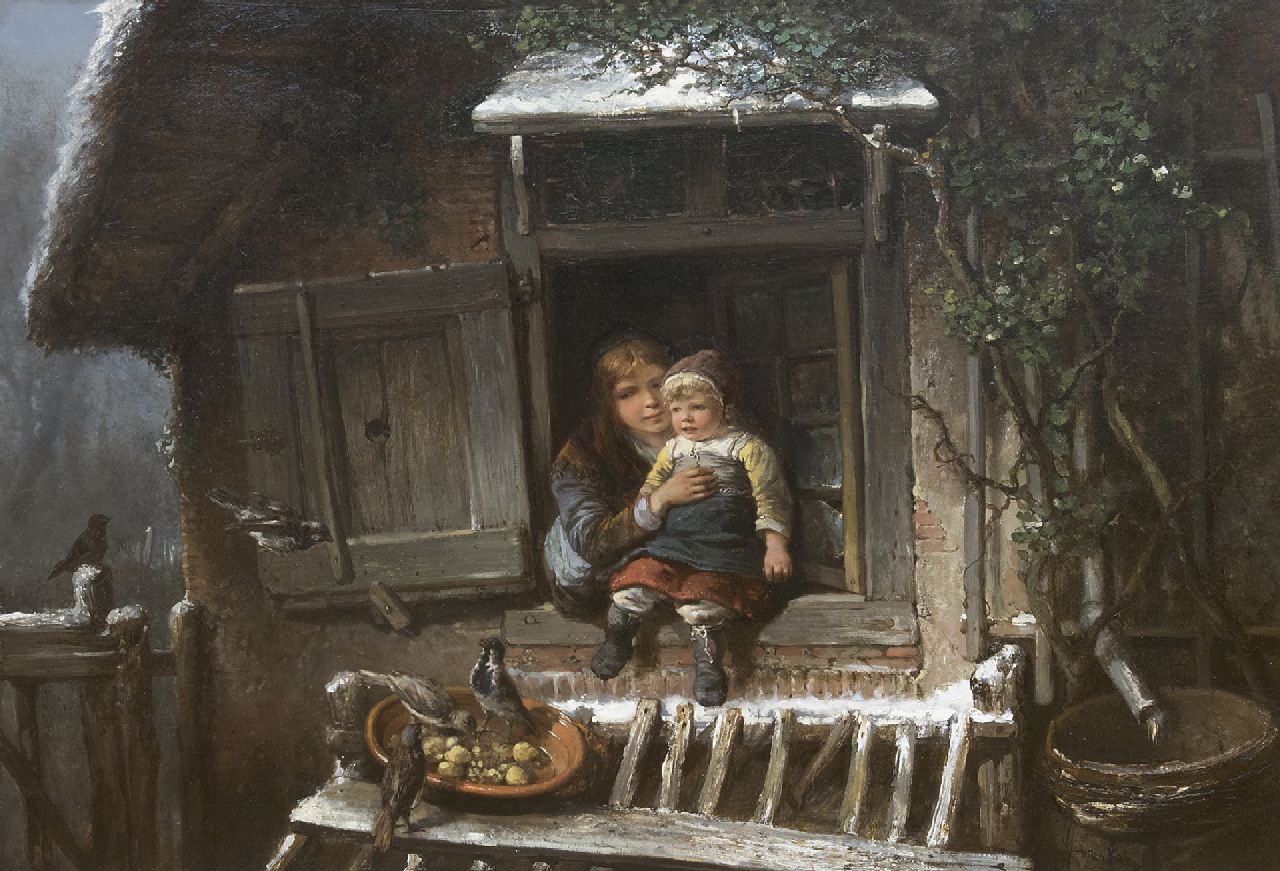 Kate J.M.H. ten | Johan 'Mari' Henri ten Kate, De vogeltjes voeren, olieverf op doek 66,0 x 94,4 cm, gesigneerd rechtsonder