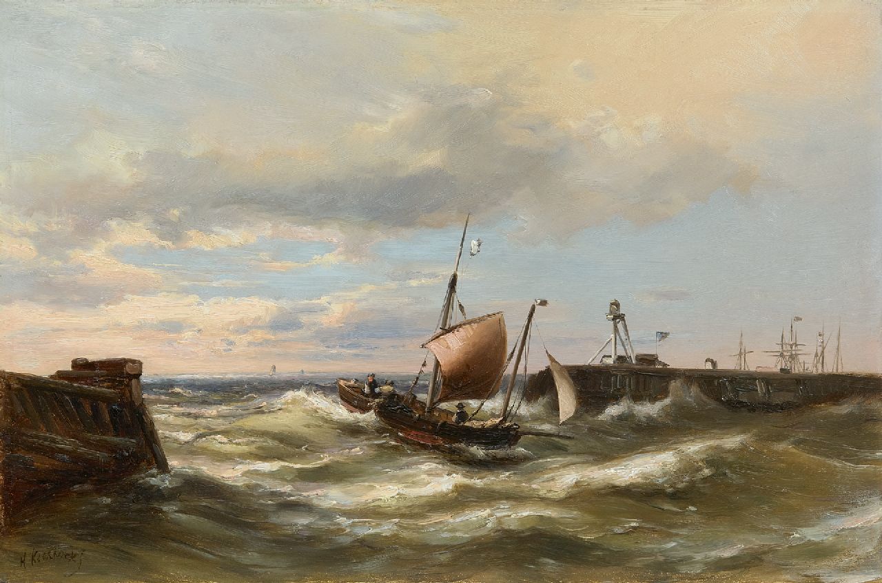 Koekkoek jr. H. | Hermanus Koekkoek jr., Het binnenvaren van de haven bij een stevige bries, olieverf op paneel 30,3 x 45,7 cm, gesigneerd linksonder Koekkoek jr. H. | Hermanus Koekkoek jr., Het binnenvaren van de haven bij een stevige bries, olieverf op paneel 30,3 x 45,7 cm, gesigneerd linksonder