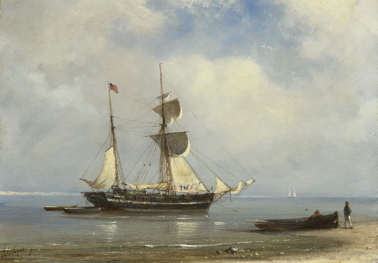 Schiedges P.P. | Petrus Paulus Schiedges | Schilderijen te koop aangeboden | Schoenerbrik voor anker op kalme zee, olieverf op paneel 24,6 x 34,1 cm, gesigneerd linksonder en gedateerd '59 Schiedges P.P. | Petrus Paulus Schiedges | Schilderijen te koop aangeboden | Schoenerbrik voor anker op kalme zee, olieverf op paneel 24,6 x 34,1 cm, gesigneerd linksonder en gedateerd '59