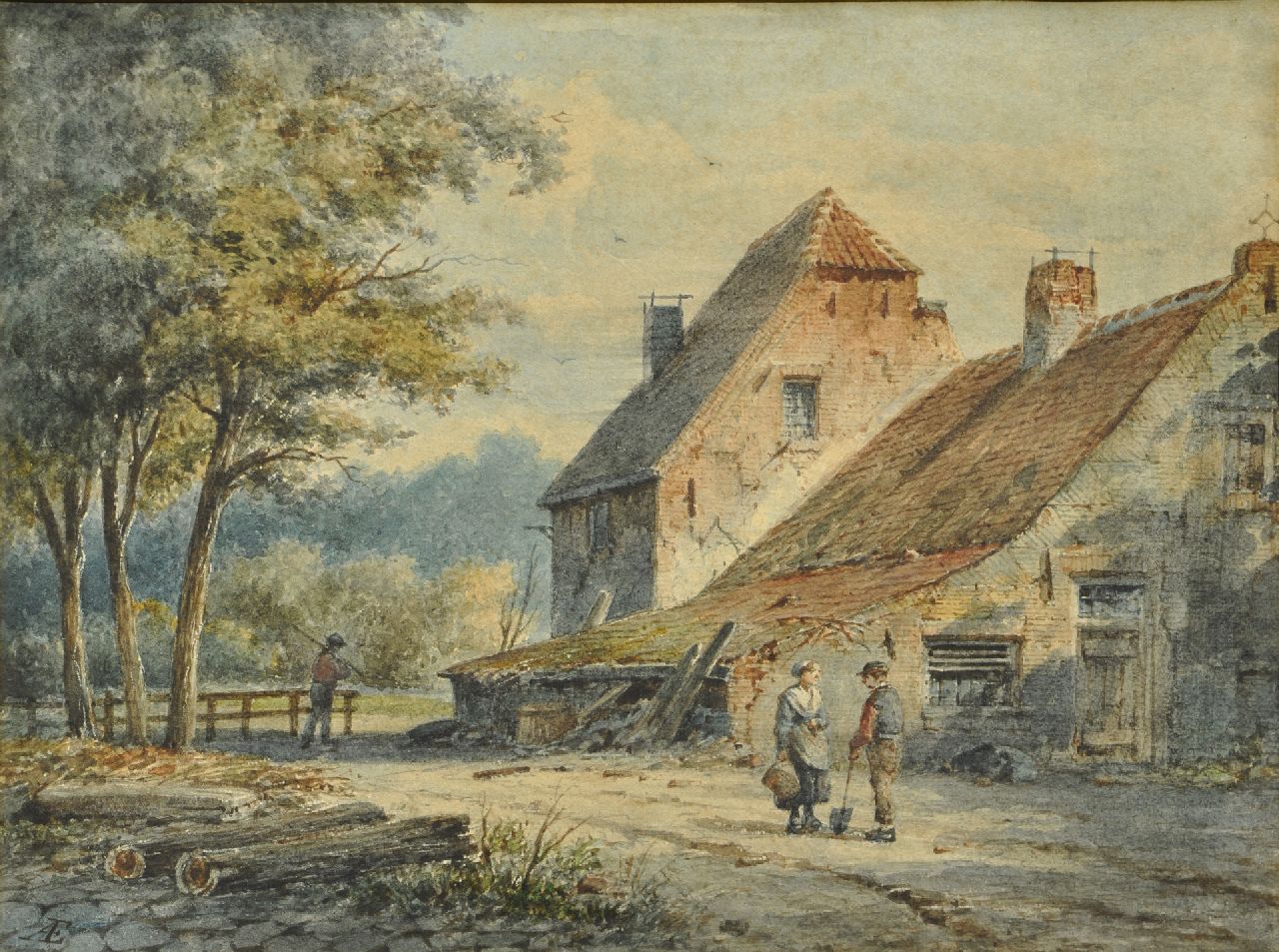 Eversen A.  | Adrianus Eversen, Landvolk bij een boerderij, aquarel op papier 23,6 x 30,1 cm, gesigneerd linksonder met monogram