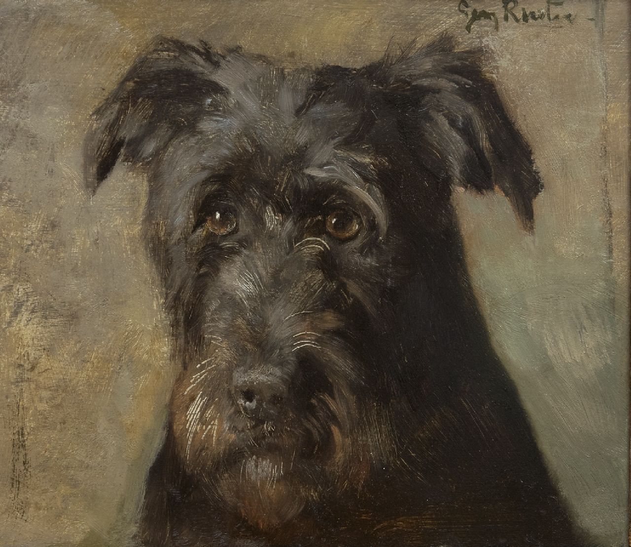 Rueter W.C.G. | Wilhelm Christian 'Georg' Rueter, Portret van een terriër, olieverf op paneel 26,1 x 30,2 cm, gesigneerd rechtsboven Rueter W.C.G. | Wilhelm Christian 'Georg' Rueter, Portret van een terriër, olieverf op paneel 26,1 x 30,2 cm, gesigneerd rechtsboven