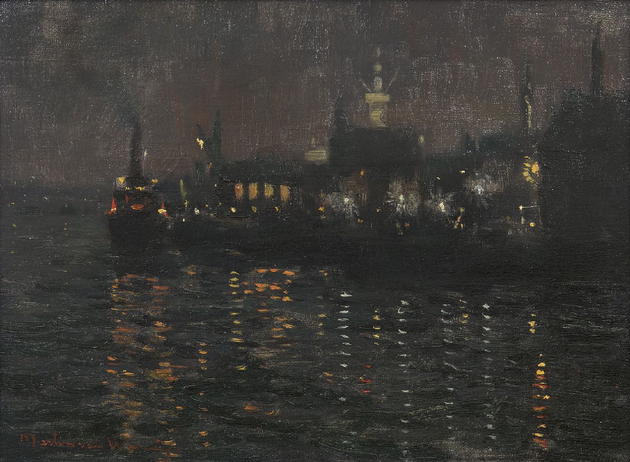 Waning G.M.W.F. van | Gijsbertus Martinus Wilhelmus Franciscus 'Martin' van Waning | Schilderijen te koop aangeboden | Haven bij nacht, olieverf op doek 30,2 x 40,3 cm, gesigneerd linksonder