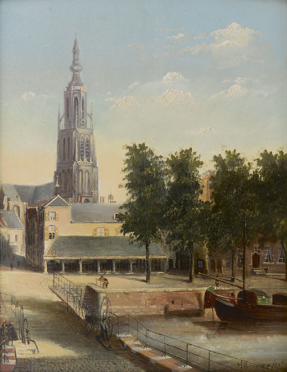 Beyens J. | J. Beyens | Schilderijen te koop aangeboden | Gezicht op de Hoge Brug, de de vismarkt bij haven en de Grote Kerk in Breda, olieverf op paneel 22,9 x 18,0 cm, gesigneerd rechtsonder en gedateerd 1882 Beyens J. | J. Beyens | Schilderijen te koop aangeboden | Gezicht op de Hoge Brug, de de vismarkt bij haven en de Grote Kerk in Breda, olieverf op paneel 22,9 x 18,0 cm, gesigneerd rechtsonder en gedateerd 1882