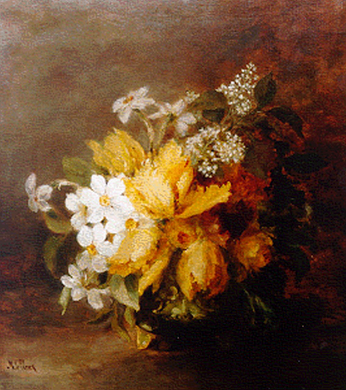 Clerq M.C. de | Marguérite Carolina de Clerq, Stilleven met bloemen in een vaas, olieverf op doek 58,5 x 52,5 cm, gesigneerd linksonder Clerq M.C. de | Marguérite Carolina de Clerq, Stilleven met bloemen in een vaas, olieverf op doek 58,5 x 52,5 cm, gesigneerd linksonder