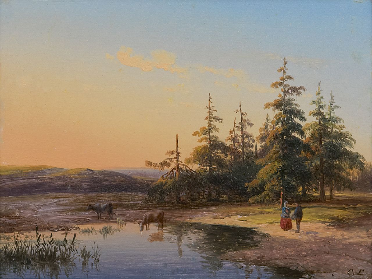 Lieste C. | Cornelis Lieste, Heuvellandschap met figuren en vee bij zonsondergang, olieverf op paneel 17,2 x 22,9 cm, gesigneerd rechtsonder met initialen Lieste C. | Cornelis Lieste, Heuvellandschap met figuren en vee bij zonsondergang, olieverf op paneel 17,2 x 22,9 cm, gesigneerd rechtsonder met initialen