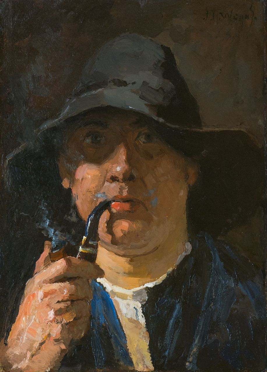 Weijns J.H. | Jan Harm Weijns | Schilderijen te koop aangeboden | Zelfportret met pijp, olieverf op board 42,9 x 31,7 cm, gesigneerd rechtsboven Weijns J.H. | Jan Harm Weijns | Schilderijen te koop aangeboden | Zelfportret met pijp, olieverf op board 42,9 x 31,7 cm, gesigneerd rechtsboven