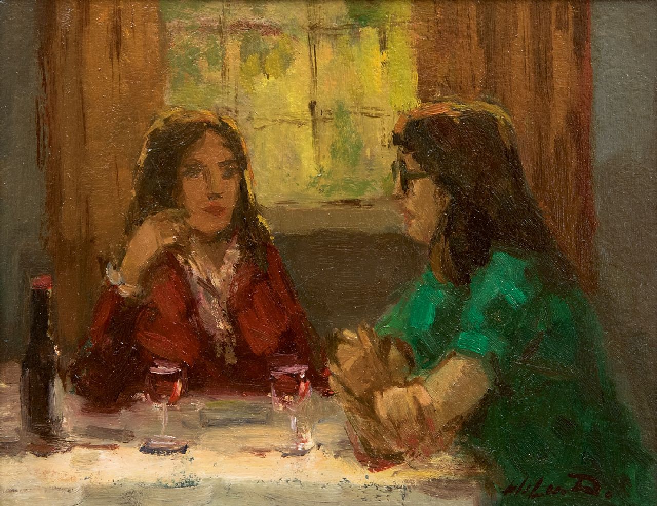 Dinther W.P.M. van | Wilhelmus Petrus Marie 'Wil' van Dinther | Schilderijen te koop aangeboden | Gesprekje bij een glas wijn, olieverf op board 14,9 x 18,8 cm, gesigneerd rechtsonder en verso