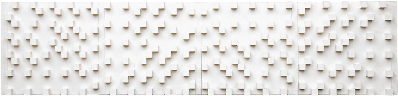 Volten A.T.A. | 'André' Theo Aart Volten | Beelden en objecten te koop aangeboden | Voorstudie voor Akoestische wand voor het VARA-gebouw in Hilversum, wit gelakt hout 75,5 x 325,5 cm, te dateren ca. 1969 Volten A.T.A. | 'André' Theo Aart Volten | Beelden en objecten te koop aangeboden | Voorstudie voor Akoestische wand voor het VARA-gebouw in Hilversum, wit gelakt hout 75,5 x 325,5 cm, te dateren ca. 1969