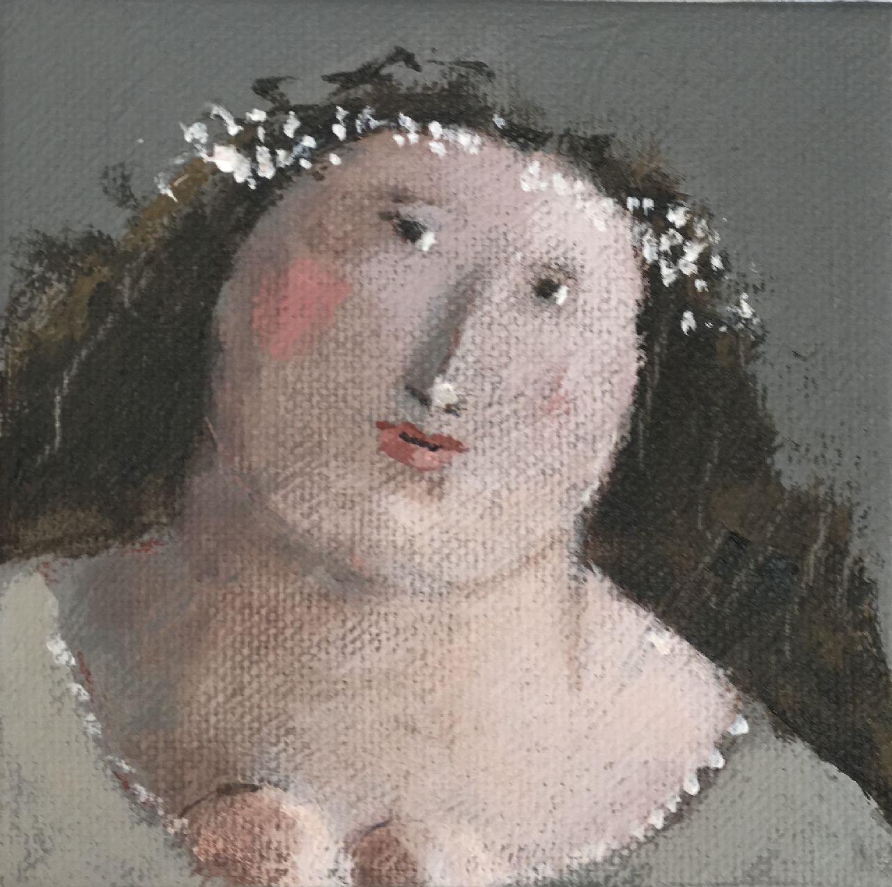 Hemert E. van | Evert van Hemert, Maria met gipskruidkrans, acryl op doek 10,1 x 10,1 cm, gesigneerd onderkant doekomslag Hemert E. van | Evert van Hemert, Maria met gipskruidkrans, acryl op doek 10,1 x 10,1 cm, gesigneerd onderkant doekomslag