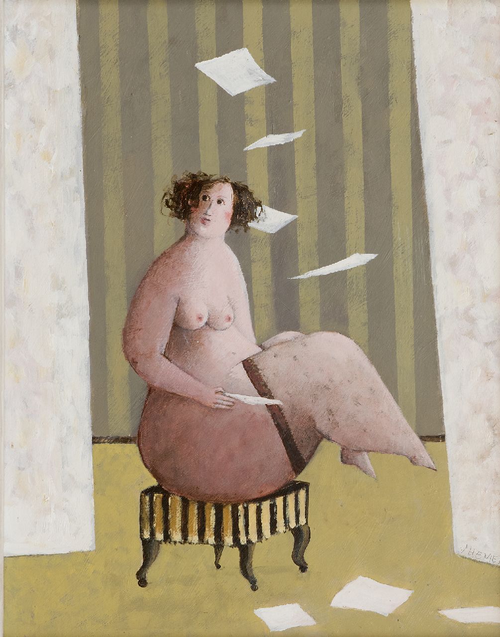 Hemert E. van | Evert van Hemert, De Brief, acryl op board 46,0 x 36,0 cm, gesigneerd rechtsonder op gordijn Hemert E. van | Evert van Hemert, De Brief, acryl op board 46,0 x 36,0 cm, gesigneerd rechtsonder op gordijn