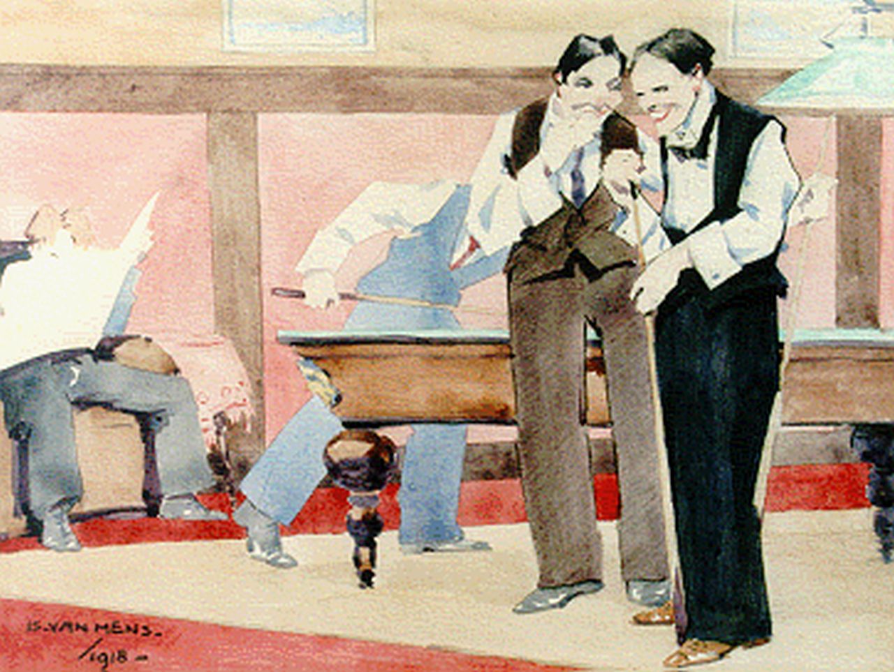 Mens I.M.C. van | Isidorus Maria Cornelis 'Is' van Mens, Roddelpraat aan het biljart, aquarel op papier 25,0 x 32,5 cm, gesigneerd linksonder en gedateerd 1918