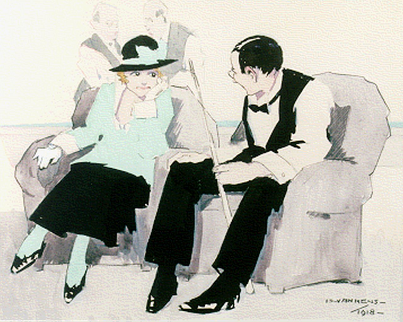 Mens I.M.C. van | Isidorus Maria Cornelis 'Is' van Mens, Gesprek in de clubfauteuils, aquarel op papier 25,5 x 35,0 cm, gesigneerd rechtsonder en gedateerd 1918 Mens I.M.C. van | Isidorus Maria Cornelis 'Is' van Mens, Gesprek in de clubfauteuils, aquarel op papier 25,5 x 35,0 cm, gesigneerd rechtsonder en gedateerd 1918