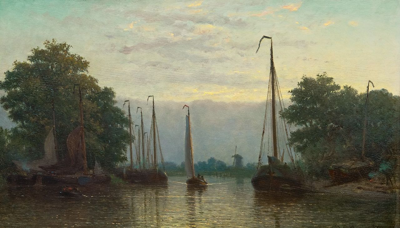 Greive J.C.  | Johan Conrad 'Coen' Greive, Kleine scheepsreparatiewerf buiten de stad, bij schemering, olieverf op paneel 25,5 x 42,5 cm, gesigneerd rechtsonder