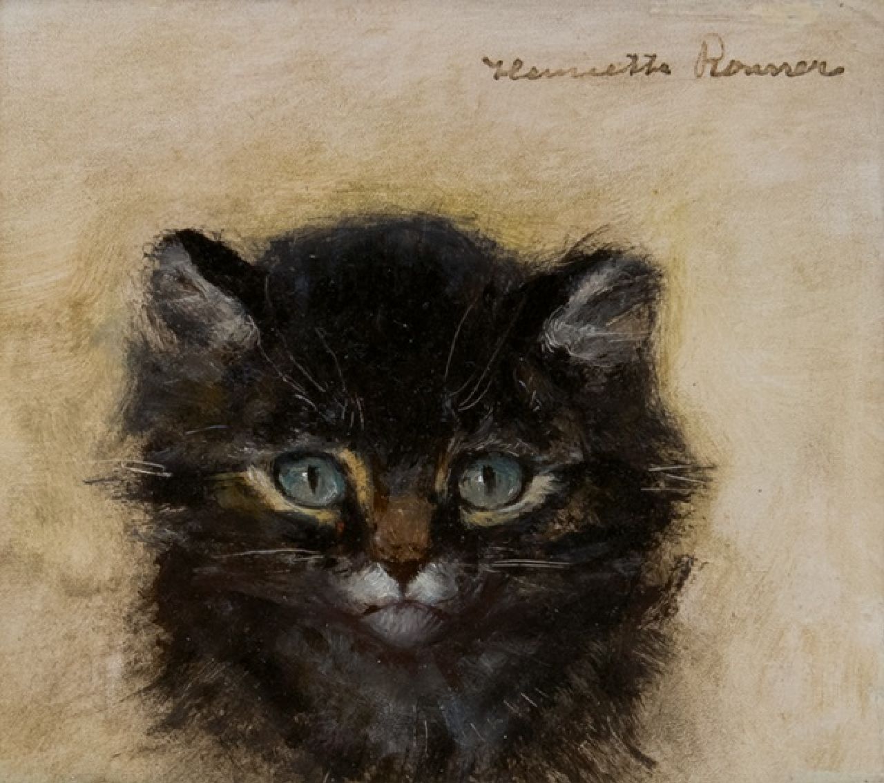 Ronner-Knip H. | Henriette Ronner-Knip, Poezenkopje, olieverf op paneel 12,0 x 13,4 cm, gesigneerd rechtsboven Ronner-Knip H. | Henriette Ronner-Knip, Poezenkopje, olieverf op paneel 12,0 x 13,4 cm, gesigneerd rechtsboven