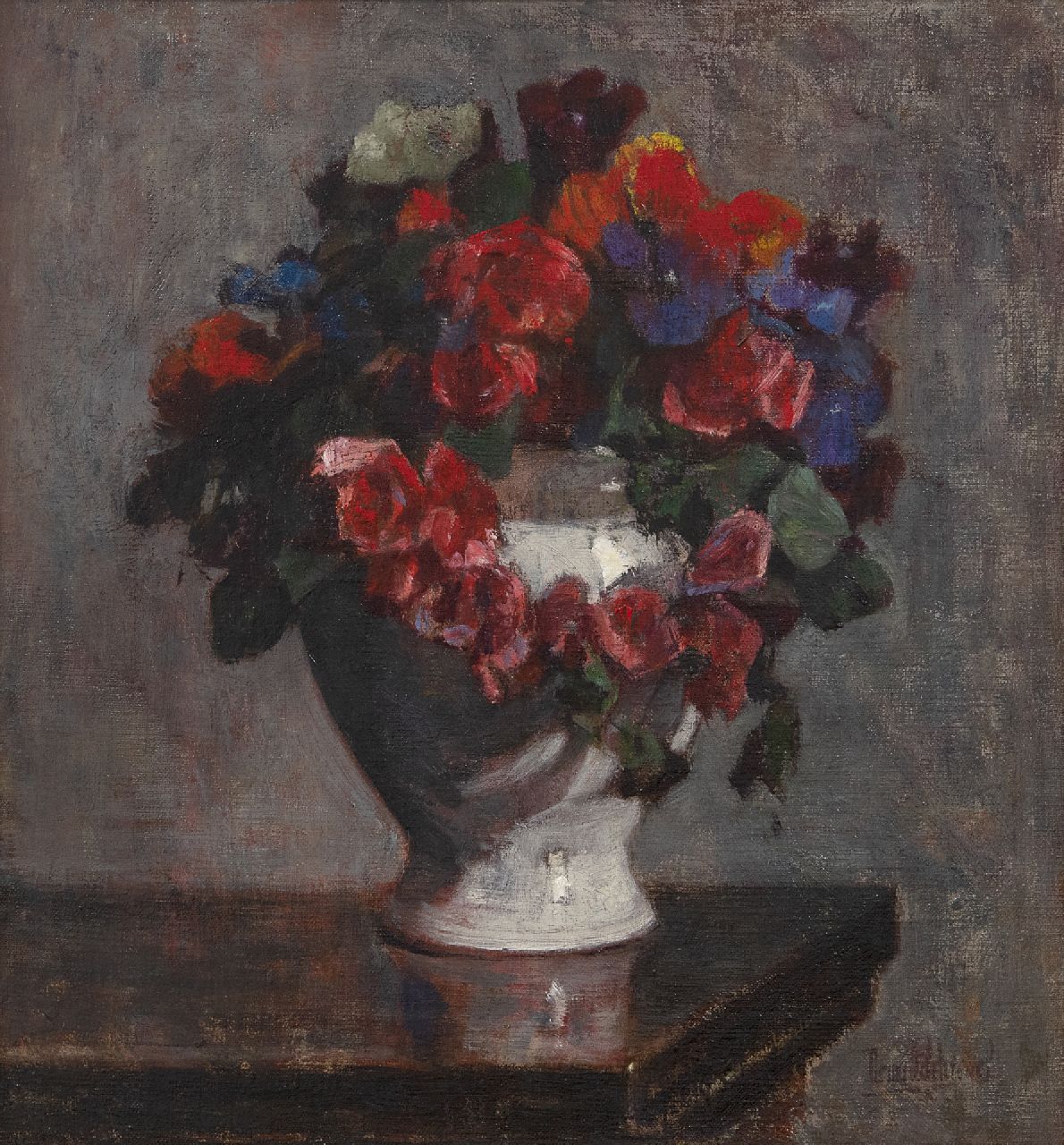 Schregel B.P.  | Bernardus Petrus 'Bernard' Schregel | Schilderijen te koop aangeboden | Violen in witte vaas, olieverf op doek 32,9 x 30,4 cm, gesigneerd rechtsonder
