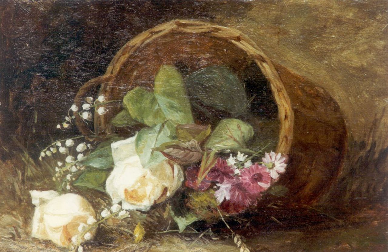 Borselen H.M. van | Helena Maria van Borselen, Omgevallen bloemenmandje, olieverf op paneel 23,5 x 34,2 cm Borselen H.M. van | Helena Maria van Borselen, Omgevallen bloemenmandje, olieverf op paneel 23,5 x 34,2 cm